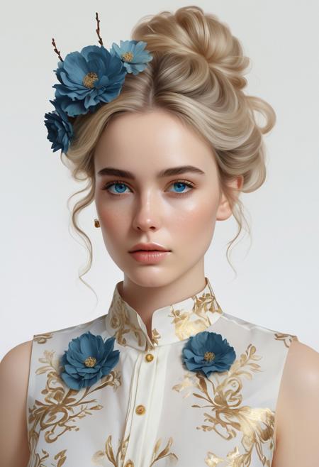 A highly detailed digital painting portrays a young woman with an elegant, ethereal appearance. She has voluminous blonde hair styled in an elaborate updo with loose curls framing her face. The hairstyle is adorned with dark blue flowers with deep centers, positioned at the right side of her head. Her striking bright blue eyes gaze directly at the viewer with a soft, contemplative expression, complemented by delicately defined eyebrows and subtle makeup that emphasizes her natural beauty. Her skin tone is fair with a slight blush on her cheeks, enhancing her soft features. She wears a sleeveless blouse with a high collar featuring intricate gold floral patterns on a white background, accented by a navy blue band and decorative buttons running vertically down the front. The garment's fabric appears smooth and slightly reflective, with a delicate ruffle on the left shoulder adding texture. The blouse showcases a mix of light gray, ivory, and blue tones, creating depth and dimension. The background consists of abstract shapes and swirls in muted teal, cream, and gold hues, with golden floral motifs and branches scattered throughout, contributing to the serene and sophisticated atmosphere. These elements are blended seamlessly with the softer parts of the subject's attire, emphasizing the delicate interplay between the figure and her surroundings.