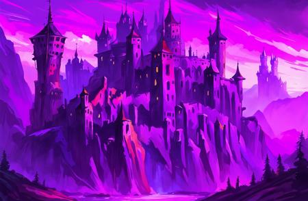 cyberpunk castle at purple sunrise, vivid fantasy colors, painterly, digitalart