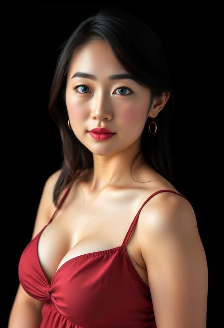 (((Japanese))). Incredibly Beautiful Japanese Woman with Huge Breasts and Big Blue Eyes. Detailed Face. Skin Pores. Perfect Body. Slim Waist and Perfect Curvy Hips. Sexy Sundress. On Black Background