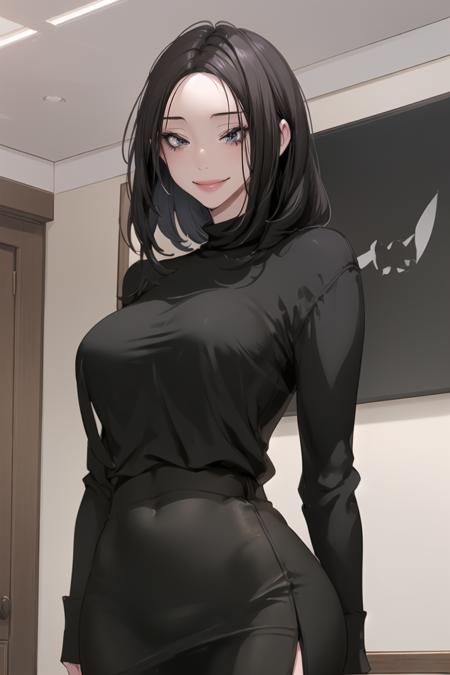 <lora:ChaJuhee_BNW:0.9> juheedef, black hair, grey eyes,
looking at viewer, smile, black turtleneck shirt, black skirt, standing, upper body, large breasts, 
masterpiece, best quality,