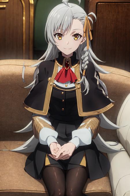 best quality, (masterpiece:1.2), detailed,
 <lora:chara_FateLordElMelloi_Olga-MarieAnimusphere_v1:0.8>,
1girl, solo, closed mouth, light smile,
grey hair, yellow eyes, long hair, ahoge,  side braid, hair ribbon, 
black dress, black skirt, brooch, red ascot, capelet, white sleeves, black pantyhose,
sitting, couch, looking at the viewer, 
indoors