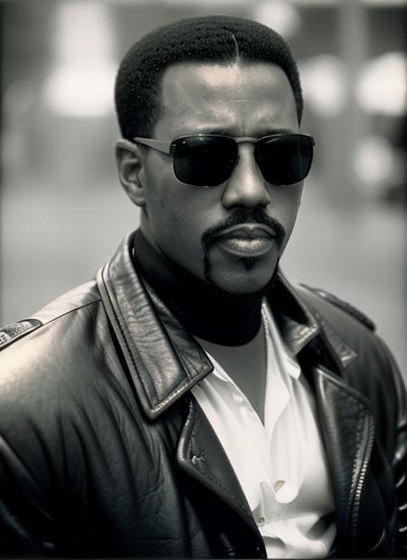 low angle, vintage analog photo of  ws1, 1man, goatee  
 <lora:WesleySnipes:1>  (black leather coat and sunglasses:1.2), , modelshoot style,   warm (film grain), soft focus, analog, Ilford HP5, Pentax K1000, 1980s