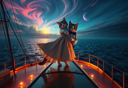 A highly detailed and humorous recreation of the iconic *Titanic* scene, but with two anthropomorphic cats on the bow of the ship. One cat, wearing a flowing dress, stands at the edge with its paws outstretched, embracing the wind and open sea. Behind it, another cat in a tuxedo gently holds its waist, gazing at it with admiration. The vast ocean stretches endlessly in the background, reflecting a breathtaking neon sunset. The ship’s deck glows with warm, cinematic lighting, showcasing intricate vintage nautical details. The perspective is exaggerated, enhancing the whimsical, surreal effect. The sky swirls with psychedelic colors, and the ocean waves shimmer with vibrant, dreamlike hues. Created using: cinematic lighting, hyper-realistic textures, vibrant neon highlights, artistic composition, atmospheric depth, detailed feline expressions, oceanic reflections, vintage ship aesthetics, Highly reminiscent of the iconic titanic bow scene with the ship body in the background and the bow in the foreground,