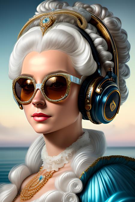 Rococo decor Sunglasses, headphones, woman, rococo style, wireless headphones, sunglasses, dress style Marie Antoinette, white hair, big gold necklace, diamonds, marine blue, in the style of commercial imagery, Zbrush, wildlife photography, dynamic action scenes, award-winning, ISO 200, uhd image