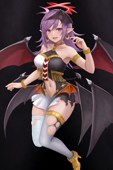 (masterpiece, best quality:1.2), ixchel, looking at viewer, blush, smile, open mouth, scenery, thighhighs, navel, bare shoulders, jewelry, purple eyes, full body, earrings, choker, pointy ears, bracelet, white thighhighs, torn clothes, halo, demon girl, black wings, demon wings, torn thighhighs