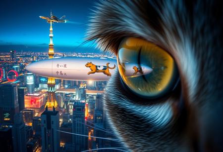 extreme close up portrait of a cat's eye reflecting the a futuristic Tokyo skyline at night from a very high level, the skyline is with futuristic skyscrapers and futuristic transports and futuristic aircraft and spaceships in a variety shapes and sizes, the airships covered with lights and advertisements in Japanese,  reflecting in the cat's eye is a huge airship that has an advertisement with a Japanese cat on the side,