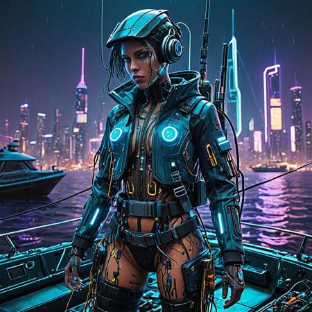 A futuristic android fisherman with a sleek, metallic humanoid design, integrated with subtle aquatic features (e.g., fin-like accents, glowing blue circuits), preparing for fishing on a high-tech boat at sea. The android wears a cyberpunk-inspired fisherman outfit (waterproof techwear jacket, utility belt, no exposed skin or nipples), handling advanced fishing gear (e.g., holographic nets, sonic harpoons). The ocean is vast, with bioluminescent waves under a neon-lit cyberpunk sky. The boat is sleek, with glowing panels and robotic drones assisting. Background features a distant cyberpunk coastal city with neon skyscrapers and floating platforms. Ultra-detailed, 8K resolution, cinematic lighting, vibrant neon colors (blue, purple, green), gritty yet futuristic cyberpunk aesthetic, PG-13 safe,
8k, score_9, score_8_up, score_7_up,
masterpiece,realistic,ultra detailed, vibrant colors,photo-realistic,
Transistors