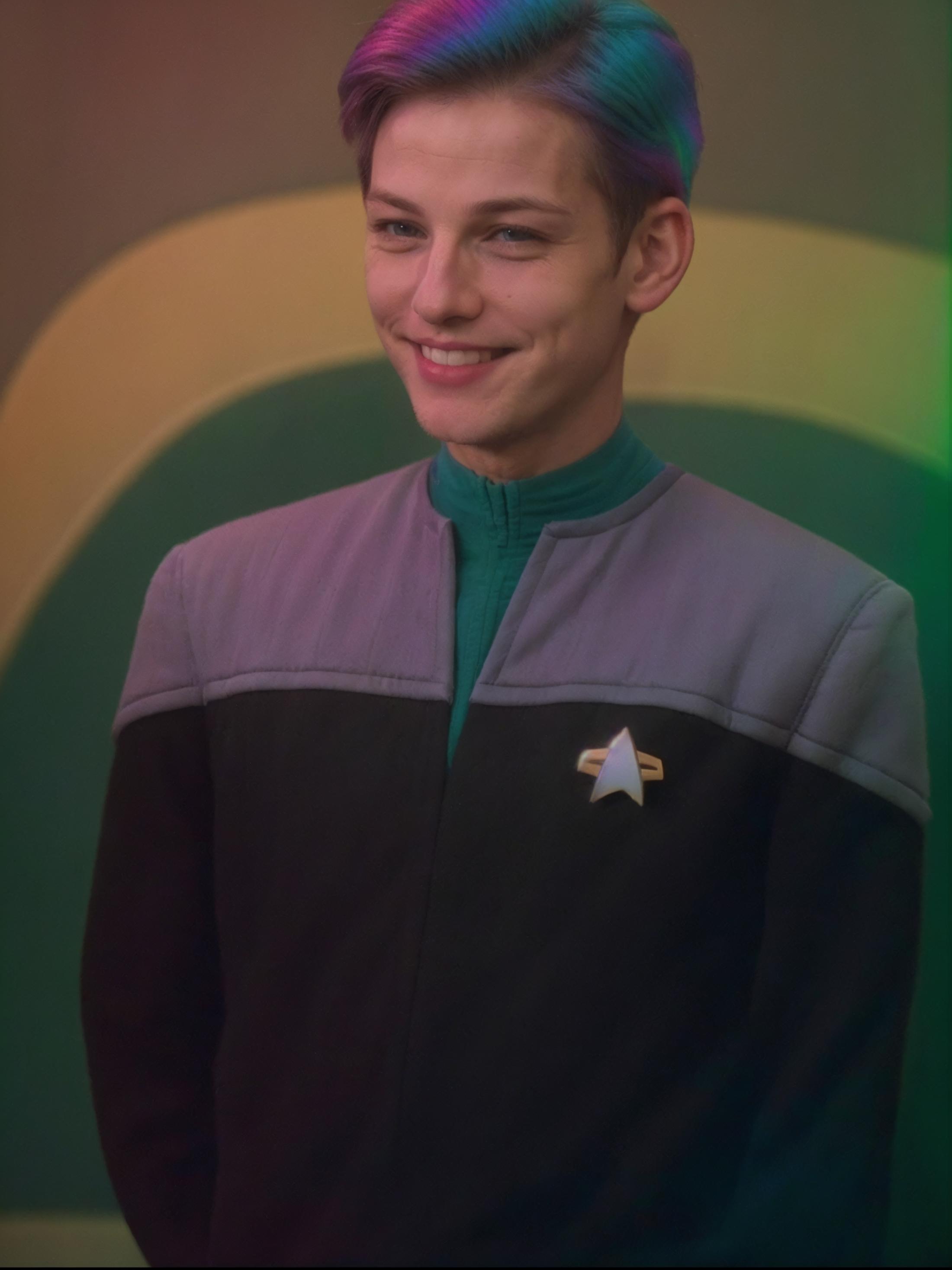 Smiling Star Trek Actor with Purple Hair and Green Shirt.