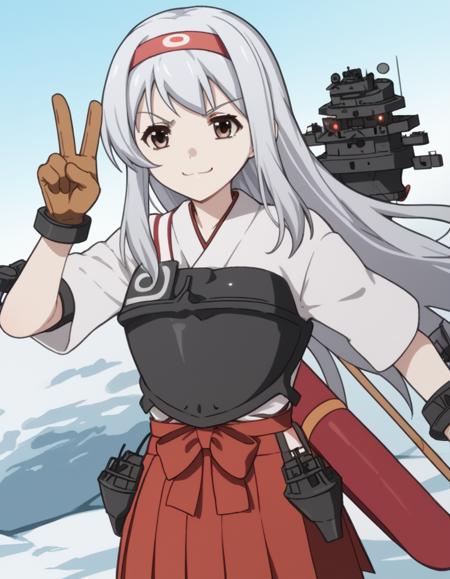 shoukaku, long hair, brown eyes, white hair, grey hair, hairband, headband, shoukaku (kancolle) skirt, gloves, japanese clothes, muneate, red skirt, pleated skirt,