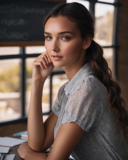 rachel_cook, <lora:RCookXL:1>, woman, close up, teacher, in school, leaning on a desk, happy, blackboard in background, ((sharp face, detailed face, realistic face, naturtal skin, realistic skin, detailed skin, pores, detailed eyes,realistic eyes)),, (masterpiece, best quality, ultra-detailed, best shadow), high contrast, (best illumination), ((cinematic light)), colorful, hyper detail, dramatic light, intricate details, (1 girl, solo) , ultra detailed artistic photography, dreamy, backlit, shadows, ultra high definition, 8k, ultra sharp focus, ultra high quality model, soft lighting, film photography, analogue photography, hyperrealism,