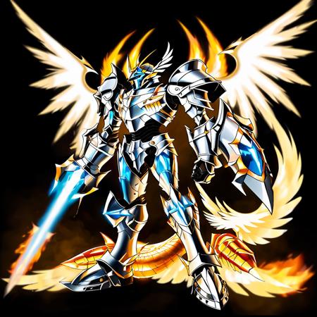 a holy knight with wings of fire,glowing,asmaria,   <lora:AsMaria_Style_XL_Digimon_Illustrator:0.75>