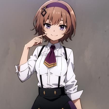 1girl, solo, short hair,brown hair, purple eyes, skirt,hairband with pendant, short tie, small breasts, <lora:KazukiShinoyama:0.6>, smile, standing