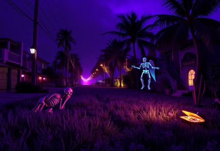 "In 2018, capture a first-person panorama shot in Florida, showcasing a purple-lit street with a couple of skeletons in the grass, a hidden treasure hoard, and an anthropomorphic angel watching a demon, all in highly detailed, lifelike quality, with a focus on the golden ratio. Include costumes, dinosaur bones, and a zootopia/sci-fi twist, as if featured on ArtStation or DeviantArt."