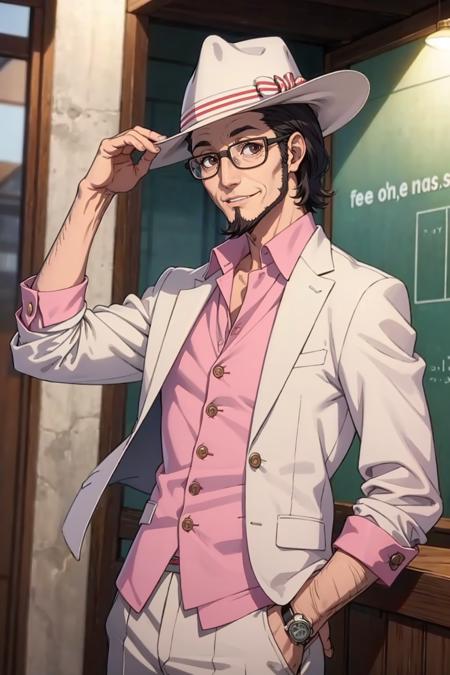 masterpiece, best quality, solo, 1boy,smile, looking at viewer,    <lora:Sojiro_Fp:1>, sojirop5, collared shirt, glasses, pants, jacket, hat