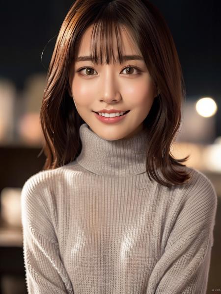 1girl,(wearing a turtleneck sweater:1.2),(RAW photo, best quality), (realistic, photo-realistic:1.4), masterpiece, an extremely delicate and beautiful, extremely detailed, 2k wallpaper, Amazing, finely detail, extremely detailed CG unity 8k wallpaper, ultra-detailed, highres, soft light, beautiful detailed girl, extremely detailed eyes and face, beautiful detailed nose, beautiful detailed eyes,cinematic lighting,city lights at night,perfect anatomy,slender body,light smile,(close up:1.1) <lora:Saika_Kawakita_v10:0.7>