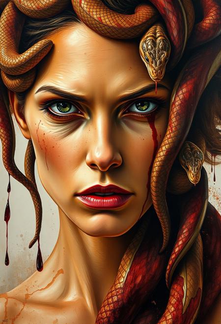 A woman with Medusa-like snakes in her hair, close-up portrait.  Hyperrealistic style, with painterly, impressionistic brushstrokes and texture.  The woman's face has a serious, intense expression, and her eyes are striking.  Her skin is a orange, muted tone with subtle freckles and streaks of dark, bloody texture.  The snakes are a mixture of muted red, browns, and tans, with detailed scales, and are draped over her head and neck in a flowing pattern.  Dripping, dark red blood or crimson stains appear in places, adding drama and enhancing the mythological theme.  Paint is loosely applied, yet precise in details about the texture on the face, snakes, and skin tone.  The background is a soft, muted color scheme, with splashed, watercolor-like effects in browns, beiges, and grays.  The overall composition is dramatic and evocative of a mythical creature.   Heavy use of texture and shading.