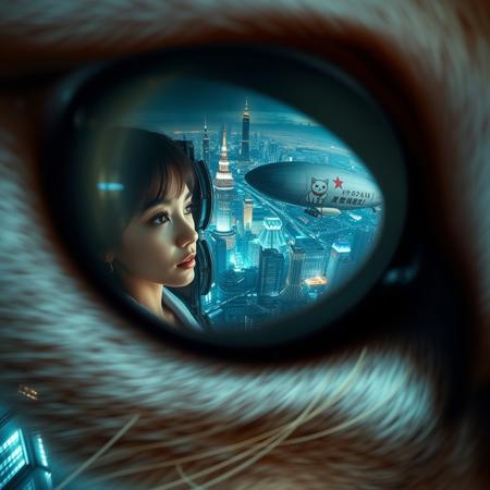extreme close up portrait of a cat's eye reflecting the a beautiful woman in a bath robe next to a window with a futuristic Tokyo skyline at night from a very high level, the skyline is with futuristic skyscrapers and futuristic transports and futuristic aircraft and spaceships in a variety shapes and sizes, the airships covered with lights and advertisements in Japanese,  reflecting in the cat's eye is a huge airship that has an advertisement with a Japanese cat on the side, the cat's eye has takes up 85% of the image