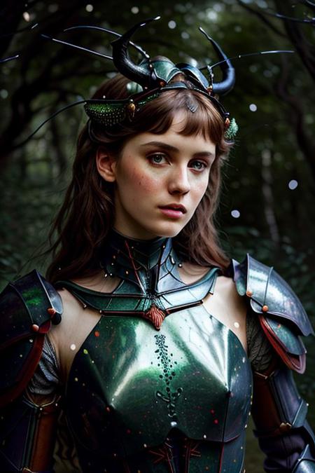 Pre-Raphaelite portrait of (beautiful face, long neck, slender arms)) Mantis armor, greater stag beetle, crab diadem, glowing, detailed background, floating particles, darkness, forest