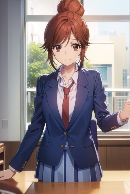 natsukienomoto, <lora:natsuki enomoto movie-lora-nochekaiser:1>,
natsuki enomoto, short hair, brown hair, (brown eyes:1.5), hair bun, single hair bun, (swept bangs:1.5), smile,
BREAK skirt, school uniform, jacket, pleated skirt, necktie, blazer, blue blazer, shirt, white shirt, collared shirt, red necktie, blue skirt,
BREAK indoors, classroom,
BREAK looking at viewer, (cowboy shot:1.5),
BREAK <lyco:GoodHands-beta2:1>, (masterpiece:1.2), best quality, high resolution, unity 8k wallpaper, (illustration:0.8), (beautiful detailed eyes:1.6), extremely detailed face, perfect lighting, extremely detailed CG, (perfect hands, perfect anatomy),