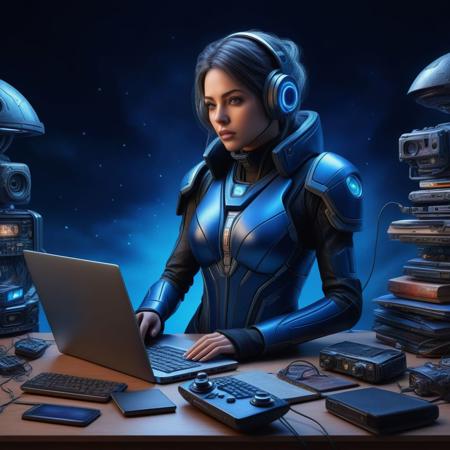 Ultra realistic  color pencil drawing of a cyber scavenger woman, trying to sell gadgets that she have collected. Wearing scrappy clothes on a desert planet.
BREAK 
Deep dark intense midnight blue misty background, Dark theme, dynamic lighting, (soft shadows), (soft focus), (photo realistic), extreme details, uhd, 8k