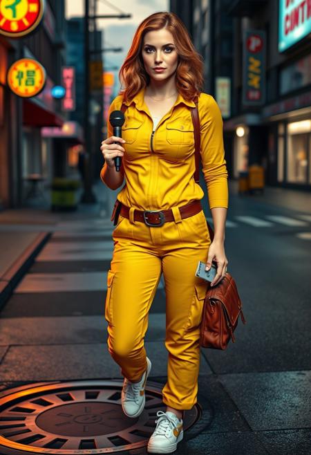 A photorealistic image of a woman resembling April O'Neil from * Mutant Ninja Turtles* as a real human. She has a strikingly beautiful, athletic figure with toned curves, huge breasts, a slim waist, and a confident stance. Her shoulder-length auburn hair is styled in soft waves, framing her face with bright, intelligent eyes and a warm, determined expression.  She is wearing her signature yellow jumpsuit, perfectly fitted to her body, with the zipper slightly undone at the top for a casual yet professional look. The jumpsuit features utility pockets and a matching belt, emphasizing her practical and adventurous personality. She pairs this with white sneakers and a vintage brown leather shoulder bag slung across her torso, containing a notepad, a microphone, and other reporter essentials.  The setting is an urban street at dusk, with the faint glow of neon signs reflecting off wet pavement. She is standing near a manhole cover, holding a handheld microphone in one hand and a notepad in the other, as if she's in the middle of investigating a story. The lighting is cinematic, with a mix of cool blues and warm orange hues highlighting her figure and creating a dramatic yet grounded atmosphere. The scene captures her intelligence, bravery, and charm, bringing the animated character to life in a realistic, modern context.