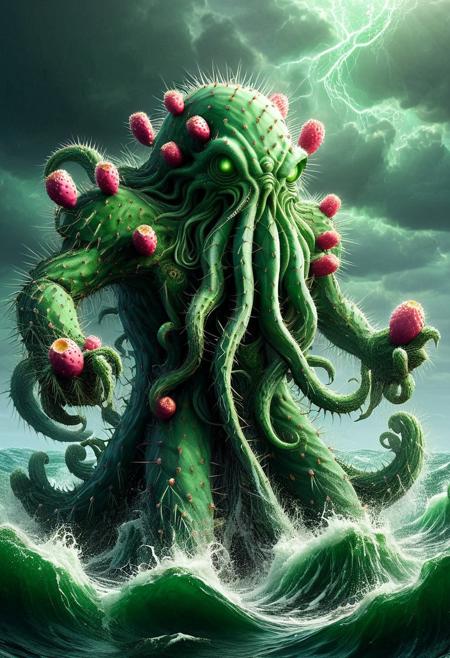 [Monster]monster cthulhu, cthulhu, in a maelstrom, in the sea and whitewash, tech  <lora:Prickly Pear Style v1:1>, Prickly Pear Style,