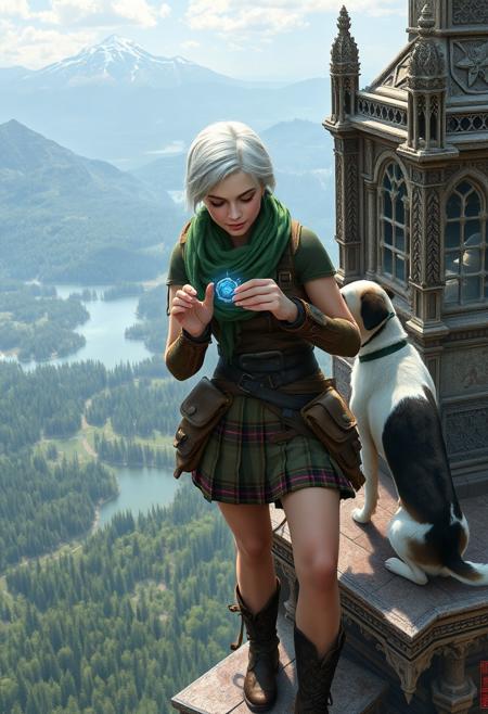 hi resolution, photorealistic digital artwork featuring a woman with short, white hair and fair skin. She is dressed in a rugged, adventurer's outfit consisting of a green scarf, leather armour, and a short plaid skirt. She has various pouches and equipment attached to her belt. The setting is on top a a tall gothic tower, she is examining a mystical amulet, her dog, with a white and black coat watches. From the top of the tower a majestic panorama of forests, lakes and mountains unfolds below her
