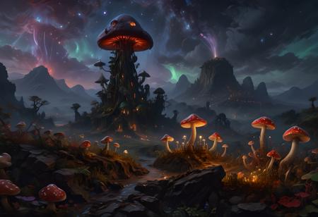 high fantasy,(game morrowind theme:1.5),telvanni tower atop mountain setting,elder scrolls,best quality,hyper detailed,intricate details,wallpaper,8k,masterpiece,landscape of warped mage mushroom tower amidst the red mountains of morrowind,(bio-luminescent fungi landscape:1.3),(towers sculpted from giant flat domed mushrooms:1.4),(mult -domed towers:1.2),amanita muscaria mushrooms,(amanita phalloides death cap mushroom:1.1),lamp lit tower,(gigantic mushroom flat capped towers:1.4),silt striders,(volcanic red mountain ranges:1.2),imposing,(twin moon alien sky:1.1),night,(lava streams:1.2),(volcanic wasteland:1.4),(long eldritch tentacles on towers:1.3),(bio-luminescent flowers:1.1),(bio-luminescent mushrooms:1.1),violet lights,blue stars,(gray ashlands:1.1),lora:juggercinexl2:1>,<lora:detailed_notrigger:1>,(ashlands:1.1),<lora:more_details:1>,<lora:xl-shanbailing-1003fire:1>,<lora:SDXLFaeTastic2400:1>,<lora:LaxpeintXL-2.0:0.7>,