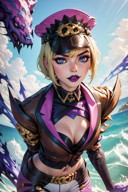 soul fighter evelynn, 1girl, cropped jacket, hat, pants, short hair, blonde hair, cleavage, purple lips