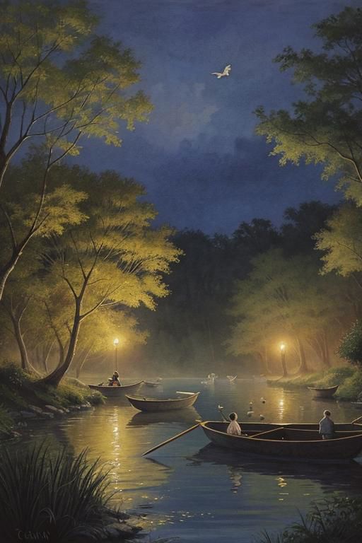 A scenic painting of a group of people rowing a boat on a river at night.