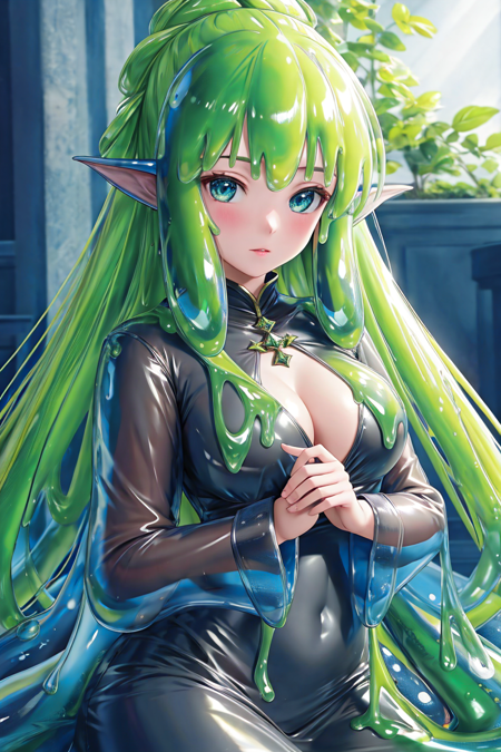 masterpiece, UHD, 8K, best quality, absurdres, (photorealistic:1.3), hyper detailed, meticulous, magnificent, maximum details, intricately detailed, extremely hyper aesthetic, vivid colors, vibrant colors, sharp focus, BREAK, 1girl, (monster girl, slime girl:1.2), green slime, transparent body, slime body, (cute, adorable), dungeon background,