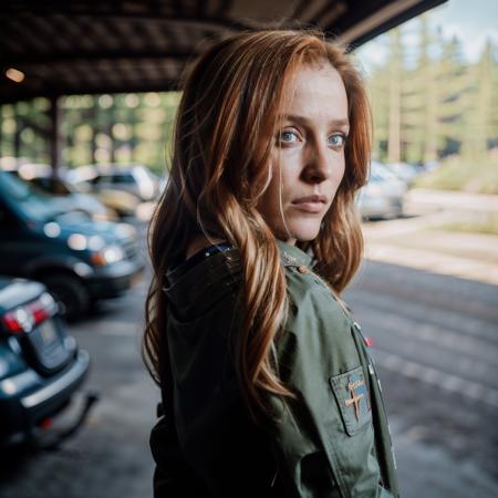 RAW photo, photo of a young, attractive, actress, sks woman, <lora:gillianAnderson_v1:1.3> with (long sandy blonde hair), (wearing wastelander clothes:1.3), (looking over shoulder in a parking lot:1.3), summer time, sharp focus, wide angle, 8k UHD, DSLR, film grain, Fujifilm XT3, award winning, bokeh