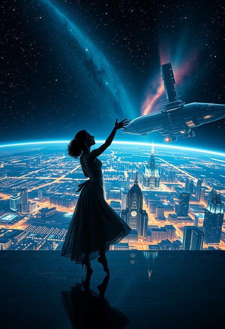 a beautiful elegant female dancer is dancing on a futuristic stage micro-LED lighted, behind the dancer on the stage is an enormous seamless and futuristic wall to wall and floor to ceiling window that looks out at a planet from low orbit, the planet is covered with the lights of enormous buildings and cities, An enormous deco starship with futuristic lighting and an enormous space station are visible in the background among the stars, Artistic art deco, dynamic perspective, (((overall architectural aesthetic is Art Deco Cyberpunk))).  Epic image that elicits a feeling of wonder and awe, nebula in distance, extreme detail with city and lights,