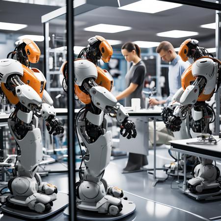 A high-tech robotics lab where engineers are working on advanced humanoid robots. The robots range from sleek, metallic designs to those resembling humans, with a central AI unit displaying complex data