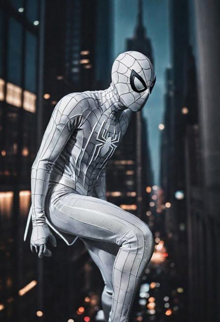 (Portrait face Solo Dominique McElligott flying in new york , photograph ,pale beautiful photo, ultra detailed white spiderman suit , night time, cinematic composition,  cinematic filtering , mask take in hand:1.4)
