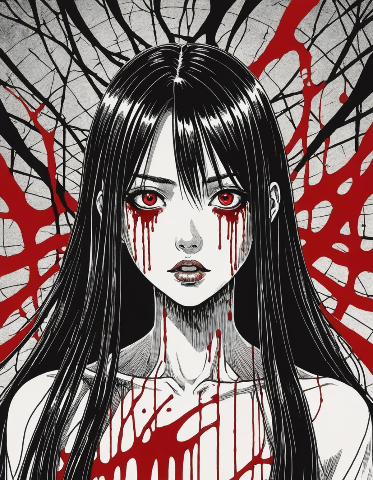 A hauntingly beautiful young woman with long, jet-black hair and a ghastly nosebleed is depicted in a manga-style drawing, reminiscent of the works of renowned artist Junji Ito. Her face is marred by a deep wound, with blood trickling down her cheeks and staining her pristine white hime-cut hairstyle. The traditional medium used to create this piece lends it an eerie, almost otherworldly quality, while the monochromatic color scheme adds to its haunting atmosphere., 1girl, solo, long_hair, bangs, monochrome, greyscale, tears, blunt_bangs, blood, traditional_media, blood_on_face, hime_cut, nosebleed, blood_from_eyes, a drawing of a girl with long hair and a bleeding face, a manga drawing, gothic art, in style of junji ito, junji ito style, junji ito artwork