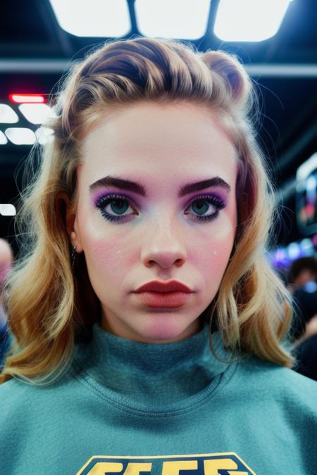 a stunning woman at the crowded comicon, (people in the background), in a cute starwars sweatshirt, (extreme close up, perfect face), happy, raw, 8k uhd,  <lora:juultjeTieleman:1>