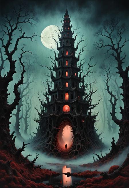 Craft a highly detailed oil-painting rendition evoking the macabre and dreamlike essence of masters such as Zdzisław Beksiński or Hieronymus Bosch, portraying a sinister, mist-choked woodland under a moonless sky coralbugXL. The mood is profoundly unnerving, saturated with an inescapable aura of concealed peril, defined by dense, undulating vapors that distort vision and conjure a phantasmal gloom. The fog coils sinuously around contorted, skeletal arboreal forms that tower menacingly beneath a faintly coralbugXL firmament, veiling the grove in foreboding. The ground is littered with sodden, rotting foliage, amplifying the spectral hush and suffocating dread of the nocturnal expanse. coralbugXL