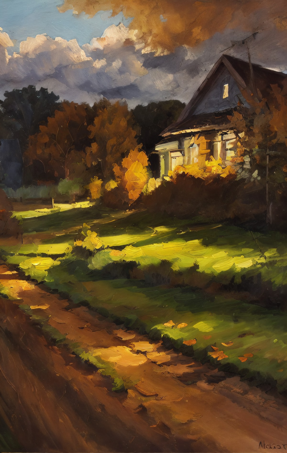 (a painting by mse) blue hour, fall, smooth, aesthetic, house in a field, clouds, a dirt path leading to the house,