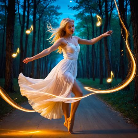 Fairy tale Music, emotions, expression of feelings, started to focus on the moment, awakens emotions, girl, blonde hair, levitate, dancing, Magic realism painting art style, surreal compositions, vibrant colors, blurs the line between reality and fantasy, long exposure photography, streaking lights, smooth motion, dreamy landscapes, ethereal atmosphere, light painting, creative expression, time manipulation, surreal effects, captivating visuals, artistic interpretation, immersive experience, unique perspective . Magical, fantastical, enchanting, storybook style, highly detailed