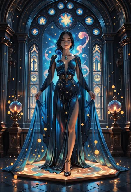 masterpiece, absurdres, 8k, HQ, celestial woman, stained glass portal, flowing aquamarine gown, cosmic backdrop, glowing ethereal light, divine elegance, fantasy realism, intricate filigree, interstellar aura, rococo structure, atmospheric lighting, luminous hair, high detail, 16k, hdr, cinematic fantasy, digital painting, Jean-Baptiste Monge, Artgerm, WLOP