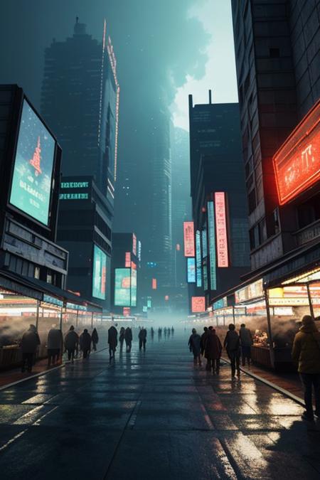 futuristic city, cyberpunk, photo-realistic, 8k, foggy market area, nighttime,  high detailed