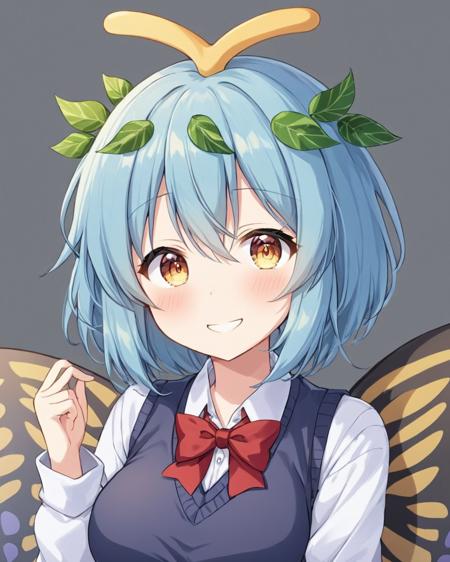 eternity larva,1girl, solo, butterfly_wings, upper_body, leaf_on_head, blush, white_shirt, grey_background, sweater_vest, looking_at_viewer, antennae, school_uniform, vest, smile, red_bowtie, long_sleeves, :3, breasts
<lora:eternity_larva_image1690_2023-12-20:1>,star-shaped_pupils,symbol-shaped_pupils,. gorgeous,key visual, vibrant, studio anime,award-winning, professional, highly detailed,high budget, cinemascope