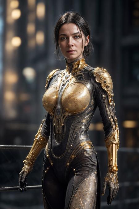 Raw Photo of planetary explorer of harsh alien worlds, wearing transparent, ((translucent), gold filigree biomechanical suit, gold filigree gloves, ((light bokeh)), intricate, elegant, sharp focus, soft lighting, vibrant colors, masterpiece, detailed face, intricate details, cinematic shot on Nikon z9 mirrorless camera, ultra realistic, (art by Darek Zabrocki and Giger and Cedric Peyravernay),  (detailed exterior sci-fi environment :1.4), Dystopian, photorealistic, epic, highly detailed eyes, eyes are identical and symmetrical  <lora:more_details:0.9> ((eye contact)), looking at viewer