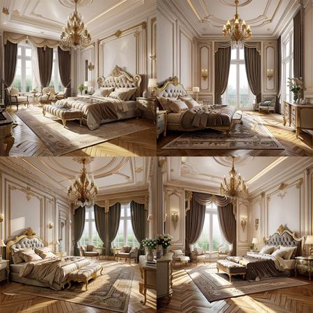 Masterpiece, high quality, best quality, authentic, super detail, interior,neoclassical bedroom, bed, wardrobe, curtains, Windows, modern ceiling,carpet,similar color tones,warm light,vray<lora:Avrhneoclassicalbedroom:0.6>