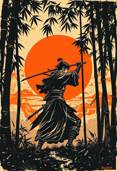 A screen print artwork in a black and orange bichromy. Inkstyle old engraving, paper texture, big red sun in the middle background, rurouni kenshin from samurai X ruwith his sword in  a bamboo forest