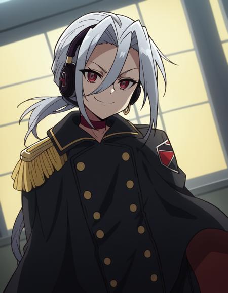 sophie, long hair, bangs, red eyes, hair between eyes, ponytail, grey hair, low ponytail, parted bangs, jewelry, earrings, choker, cape, uniform, military, military uniform, buttons, epaulettes, red choker,