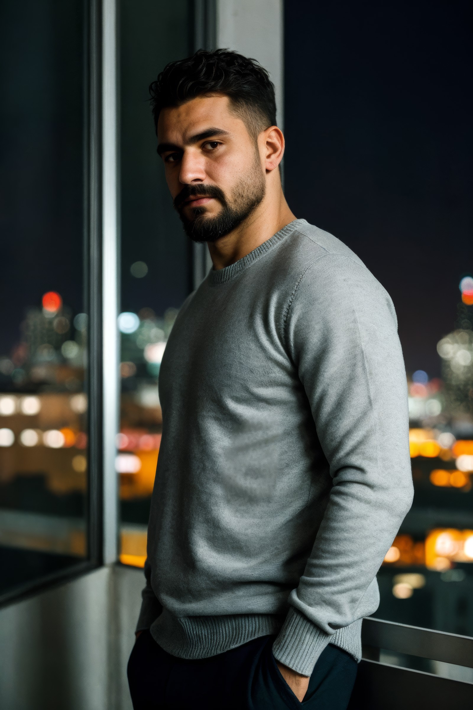 closeup photo of a man wearing fitted sweater, facial hair, blurred city skyline, urban rooftop, twilight, natural light, ...