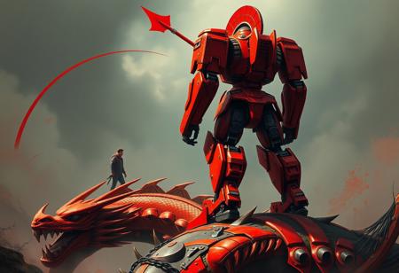 Create a highly detailed, hyper-realistic painting of a full-body red mech standing on a Dragon Treasure, with a man walking in the background. The mech should be designed with correct proportions and have a Spartan aesthetic. Incorporate a curved red arrow and a flat, Raku-inspired painting effect. The style should be reminiscent of Cam Sykes and Kentaro Miura. The image should be in 8K high resolution, with sharp focus and micro-details. The overall mood should be dramatic and surreal. Include front and back views of the mech. The art piece should be of high quality, trending on Artstation, and suitable for a beginner artist.
