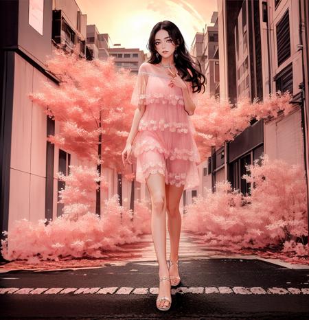 best quality,masterpiece,ultra high res,8K resolution,8k wallpaper, (((High quality finger shape))) ,
1girl, solo, full body, long hair, straight hair, walking on the street, night city, moon light, cyberpunk, colorful city, diamond dress,jewelry, medium breast, short dress, pink dress
 <lora:Diamond_Dress-000008:0.65>